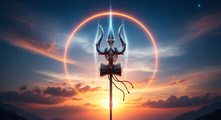 Divine Trishul emerges from cosmic sunset, symbolizing power and spiritual awakening in breathtaking celestial display