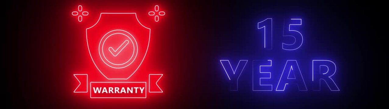 Neon red shield with checkmark and ribbon next to neon blue 15 YEAR text on black background warranty