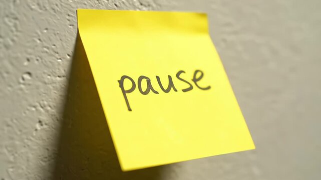 Yellow sticky note with the word 'pause' handwritten and stuck on a textured wall