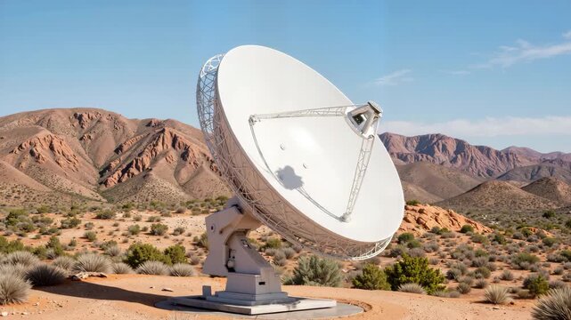 A satellite dish is installed in a desert landscape against a backdrop of a mountain range with cacti and sand dunes.
