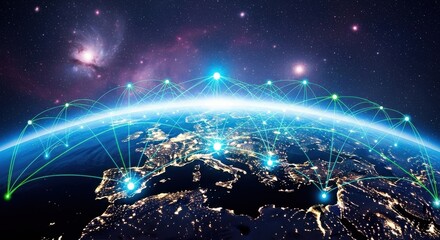 Digital connections illuminate Europe at night with vibrant network lines across the globe