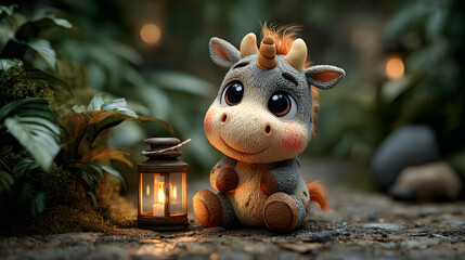 A cute unicorn holding a glowing lantern in a cozy night setting, surrounded by warm light and soft bokeh.
