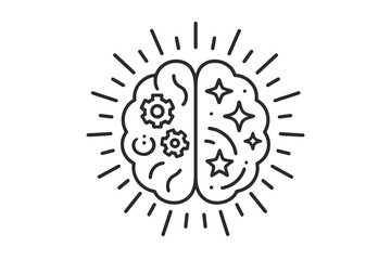 Black and white thin line vector icon of a brain with gears and stars, representing creativity, imagination, and the balance between logic and artistic innovation.