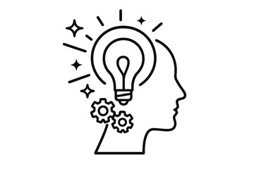 Minimal yet detailed linear icon showing a glowing bulb inside a head with stars and gears, symbolizing creative inspiration, imagination, and innovation in design and ideas.