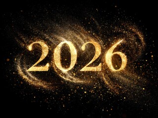Golden 2026 text with sparkling particles on black background