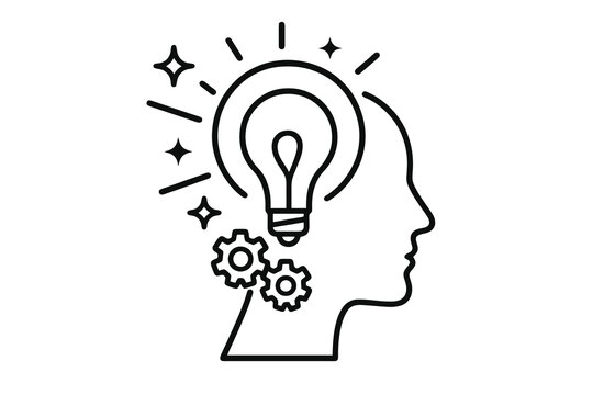Minimal yet detailed linear icon showing a glowing bulb inside a head with stars and gears, symbolizing creative inspiration, imagination, and innovation in design and ideas.