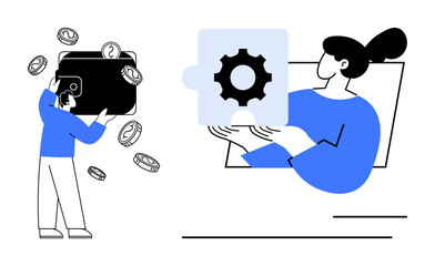 Person managing coins and wallet, another presenting puzzle piece with gear. Ideal for finance, savings, teamwork, solutions, problem-solving, digital tools goal setting. Simple flat metaphor