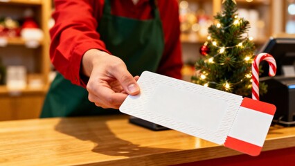 Cashier's hand holding out blank holiday plane ticket mockup at counter  