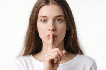 Fototapeta premium Young woman making a shh gesture with finger on lips