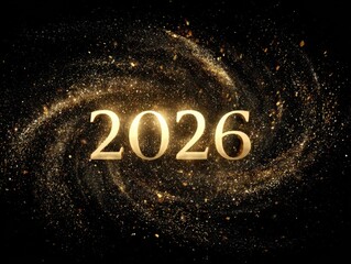 Golden 2026 text with sparkling particles on black background
