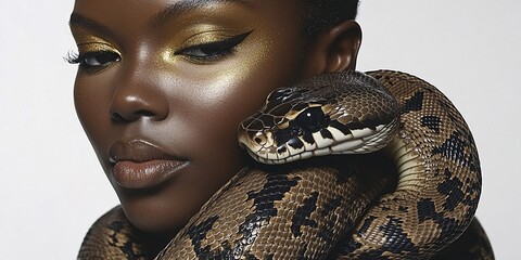 stunning portrait of a woman with a snakeskin boa and bold gold makeup