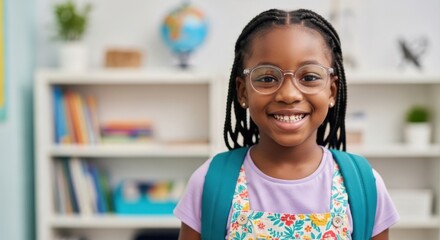 Young girl smiling in classroom with backpack and glasses, ready for school activities and learning