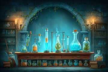 Mystical potion lab filled with colorful liquids and glassware in a dimly lit stone room
