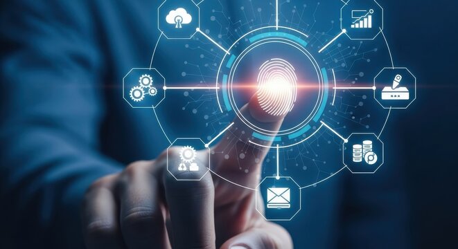 Digital technology visualization showcasing biometric fingerprint recognition in a modern interface