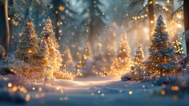 Magical fairy-tale winter forest with Christmas lights. Dreamy festive background for holiday designs and seasonal projects.
