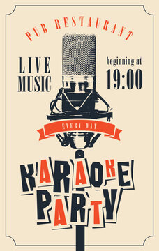 Vector music banner or karaoke poster with microphone and funny cartoon inscription karaoke party. Flyer, invitation. No used ai