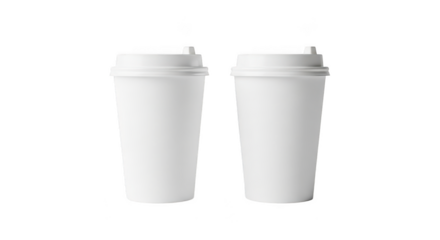 Two white paper coffee cups with lids ready for beverage service and branding isolated on transparent background