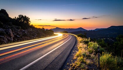 Mesmerizing long exposure captures the dynamic flow of traffic on a winding mountain road during a vibrant sunset, creating streaks of light that illuminate the journey ahead