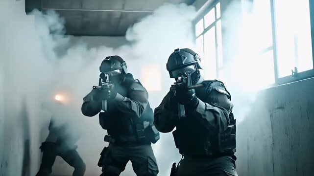 A firstperson perspective of a soldier in tactical gear, aiming a rifle amidst a smoky atmosphere. The soldier is wearing a helmet with a visor and a face mask.