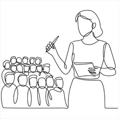 Stylized one-line drawing of a speaker presenting to a group, ideal for business, education, communication, and learning concepts