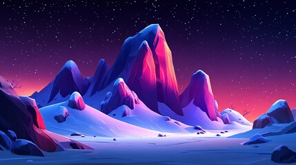 stunning digital landscape of icy mountains under vibrant starry night sky with colorful sunset illumination