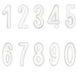 A set of number 0 to 9 with rounded edges and a shiny, 3D glassy surface looks like 3D. These numbers come in white color with light grey edges, isolated background.