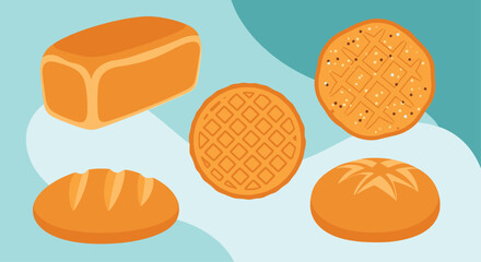 An assortment of freshly baked bread loaves, waffles, and rolls, showcasing various textures and shapes against a two-toned blue background.