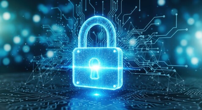 Digital padlock symbol representing cybersecurity and data protection in a high-tech environment with glowing circuitry details