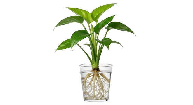 Healthy green plant growing hydroponically in clear container showing roots isolated on transparent background