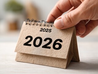 Hand turning page on a desk calendar showing the year 2026