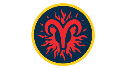 Minimal flat Aries zodiac badge with flame strokes radiating outward, symbolizing fire energy and passion. Solid vivid colors, no gradients