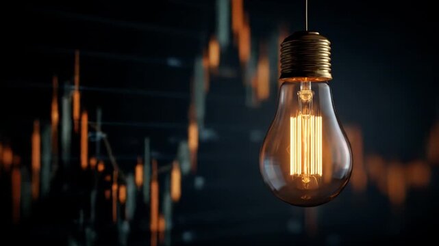 Warm glowing single bulb hovers in foreground, with blurred market charts behind. a warm glow, calm