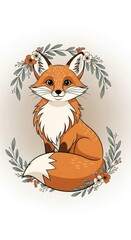 Obraz premium Cute fox sitting among flowers in a warm, artistic illustration with a playful and friendly expression