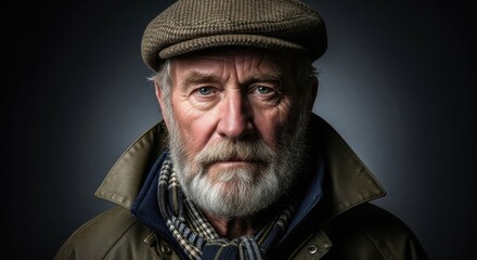 Obraz premium Portrait of an older man in a flat cap and scarf, exuding wisdom and strength in a softly lit studio setting