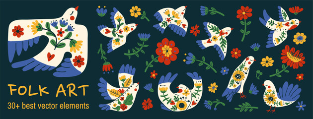 Scandinavian folk art set with spring floral pattern love birds and animals.