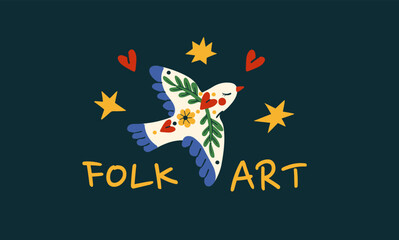 Folk art love bird and floral hearts scandinavian pattern.