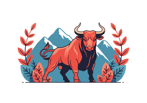 Flat vector of Taurus bull with mountain and leaf symbols representing earth, stability, and determination. Solid natural colors, clean shapes