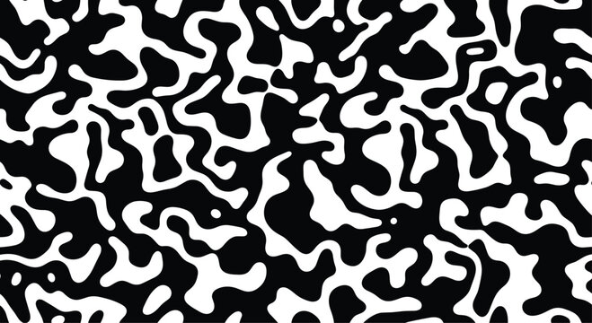 Seamless, high-contrast black and white abstract pattern with organic, fluid, and interconnected shapes, ideal for modern backgrounds.