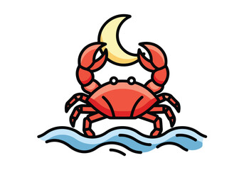 Flat vector of Cancer crab holding crescent moon with soft water shapes, expressing emotion, intuition, and nurturing energy