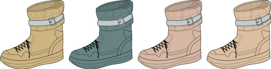 Trendy footwear collection A set of stylish boots in diverse colors, perfect for fashion designs and lifestyle projects