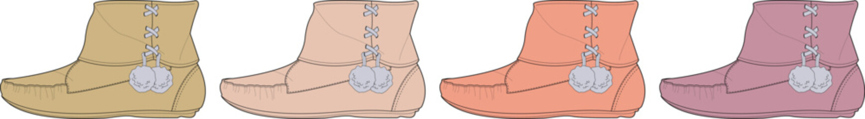 A set of four illustrated traditional-style ankle boots in a palette of warm colors, isolated on a white background for creative projects