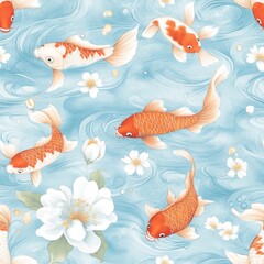 Fototapeta premium Serene Koi Pond: These elegant koi gracefully navigate tranquil waters among delicate blossoms, creating a sense of peace and natural harmony.