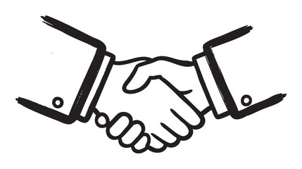 Black and white illustration of two hands engaging in a handshake, symbolizing agreement and partnership in a professional context.