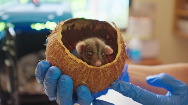 Baby kinkajou inside coconut shell held by caregiver