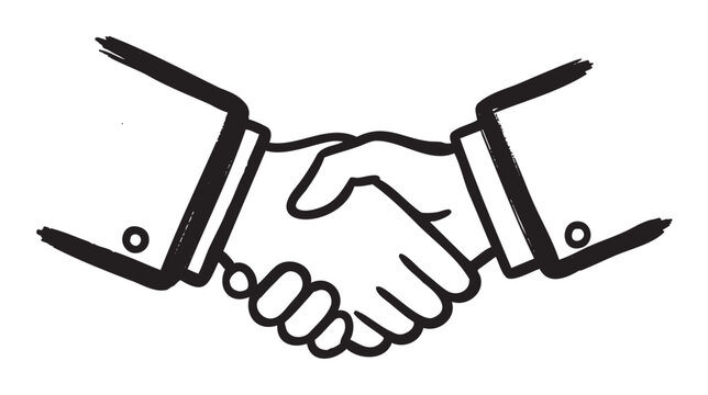 Black and white illustration of two hands engaging in a handshake, symbolizing agreement and partnership in a professional context.