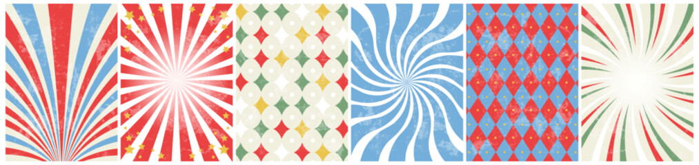 Fototapeta premium circus retro background set. vintage carnival template for poster with sunburst, swirl, stars and rhomb