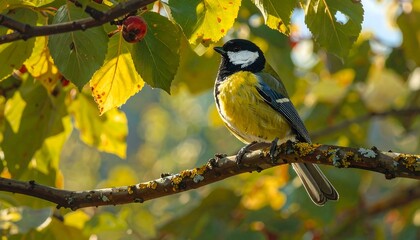 Obraz premium A vibrant bird perched on a branch, illuminated by sunlight. Autumn leaves and a blurred background complete the serene scene