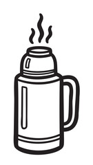 Obraz premium Black outline drawing of a simple insulated travel mug with visible steam, suggesting a hot beverage inside.