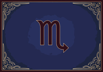 Flat vector tarot-style scorpio zodiac card with decorative border and centered symbol. Solid vivid colors, clean mystical theme