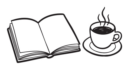 Naklejka premium Simple black outline drawing of an open book next to a steaming cup of coffee on a saucer. suitable for reading, literature, and relaxation themes.